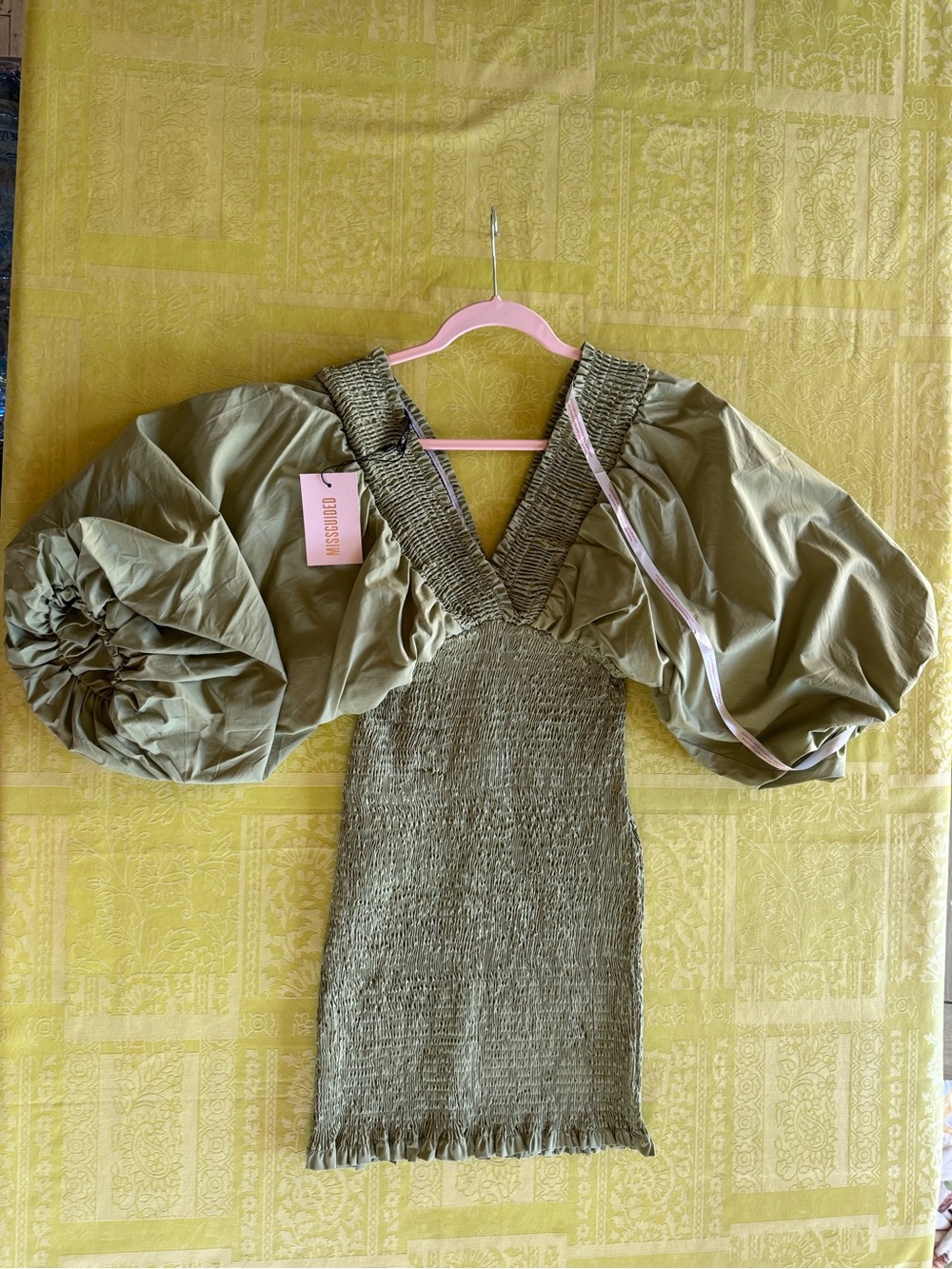 Olive Puff Sleeve Smocked Midi Dress